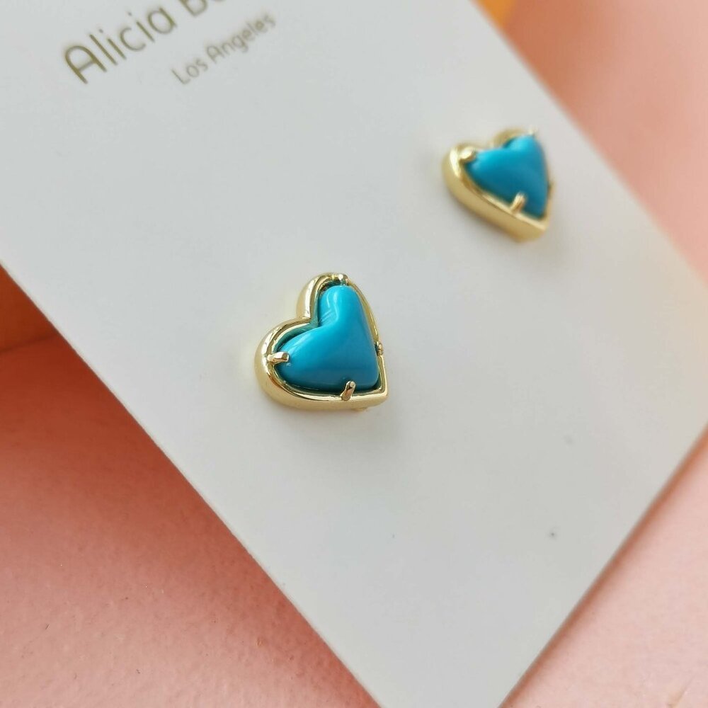 Alicia Bonnie - in Love Turquoise Blue Magnesite Gold Heart Stud Earrings - NEW - Picture 2 of 3